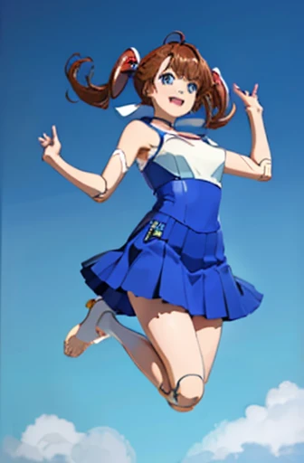 android, beautiful robot, short pigtails, brown hair, Hair tie with two big red clothespins, big smile, brown hair, middle age, joint seam, blue eyes, full body figure, Height: 160cm, Light beige micro mini dress, fluttering skirt, skirt folds, white retro swimwear, Uplifting, 2020s anime style, 21thcentury japan animation, show White pantie