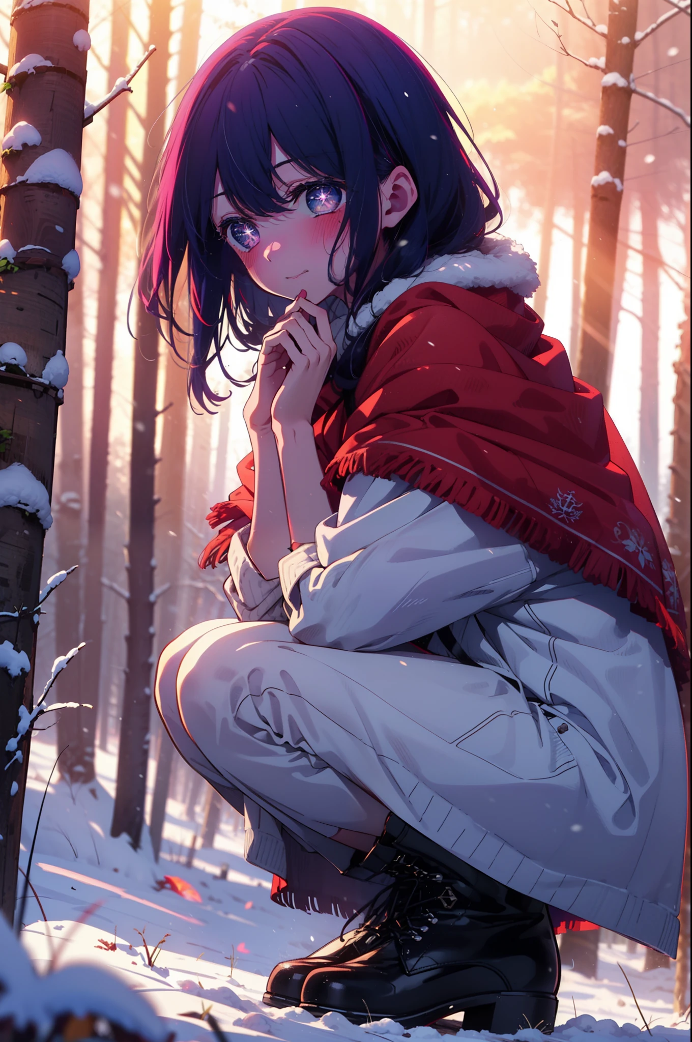 aihoshino, Ai Hoshino, Long Hair, bangs, (Purple eyes:1.1), Purple Hair, (Symbol-shaped pupil:1.5), smile,,smile,blush,white breath,
Open your mouth,snow,Ground bonfire, Outdoor, boots, snowing, From the side, wood, suitcase, Cape, Blurred, , forest, White handbag, nature,  Squat, Mouth closed, Cape, winter, Written boundary depth, Black shoes, red Cape break looking at viewer, Upper Body, whole body, break Outdoor, forest, nature, break (masterpiece:1.2), Highest quality, High resolution, unity 8k wallpaper, (shape:0.8), (Beautiful and beautiful eyes:1.6), Highly detailed face, Perfect lighting, Extremely detailed CG, (Perfect hands, Perfect Anatomy),