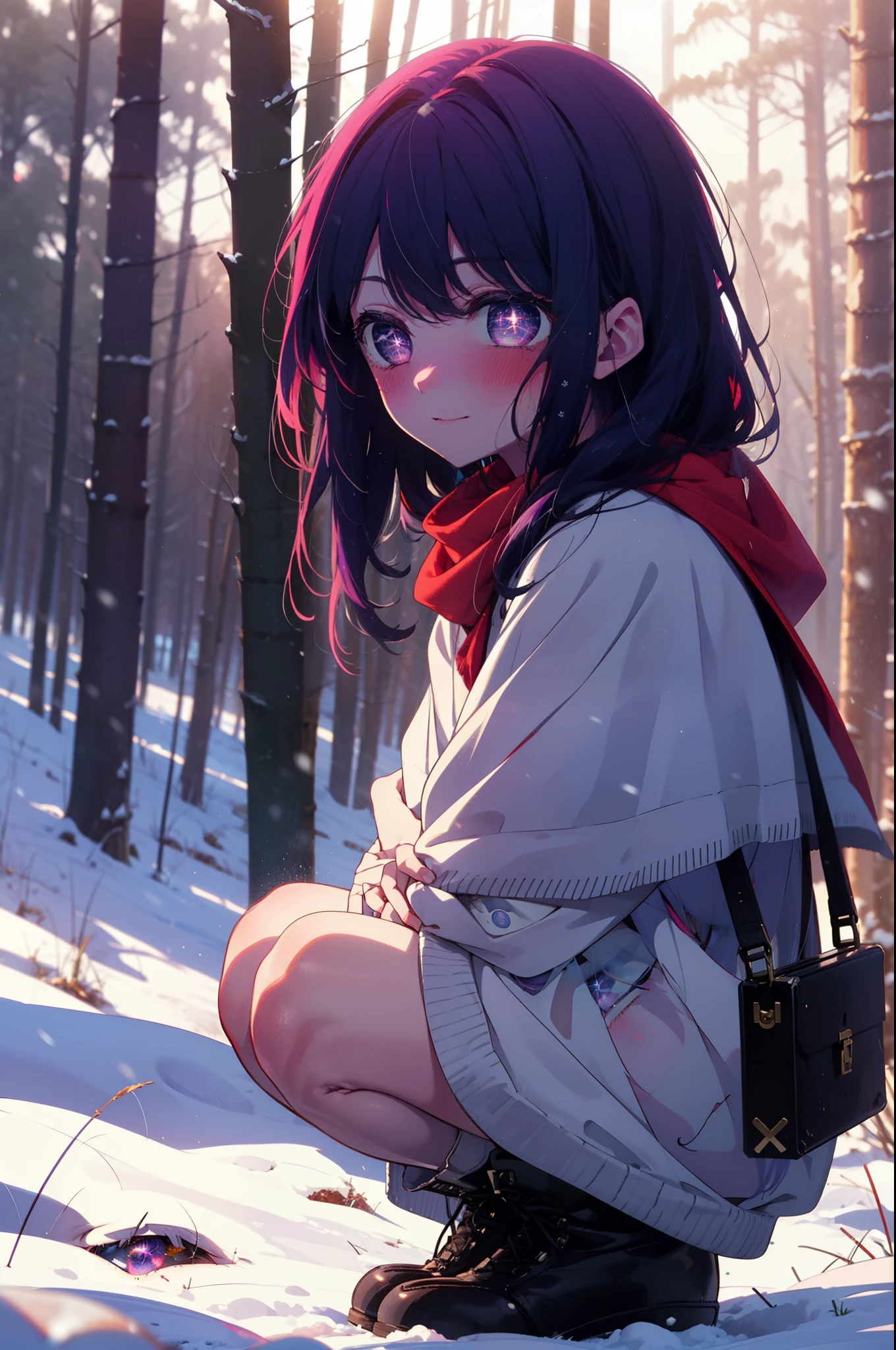 aihoshino, Ai Hoshino, Long Hair, bangs, (Purple eyes:1.1), Purple Hair, (Symbol-shaped pupil:1.5), smile,,smile,blush,white breath,
Open your mouth,snow,Ground bonfire, Outdoor, boots, snowing, From the side, wood, suitcase, Cape, Blurred, , forest, White handbag, nature,  Squat, Mouth closed, Cape, winter, Written boundary depth, Black shoes, red Cape break looking at viewer, Upper Body, whole body, break Outdoor, forest, nature, break (masterpiece:1.2), Highest quality, High resolution, unity 8k wallpaper, (shape:0.8), (Beautiful and beautiful eyes:1.6), Highly detailed face, Perfect lighting, Extremely detailed CG, (Perfect hands, Perfect Anatomy),