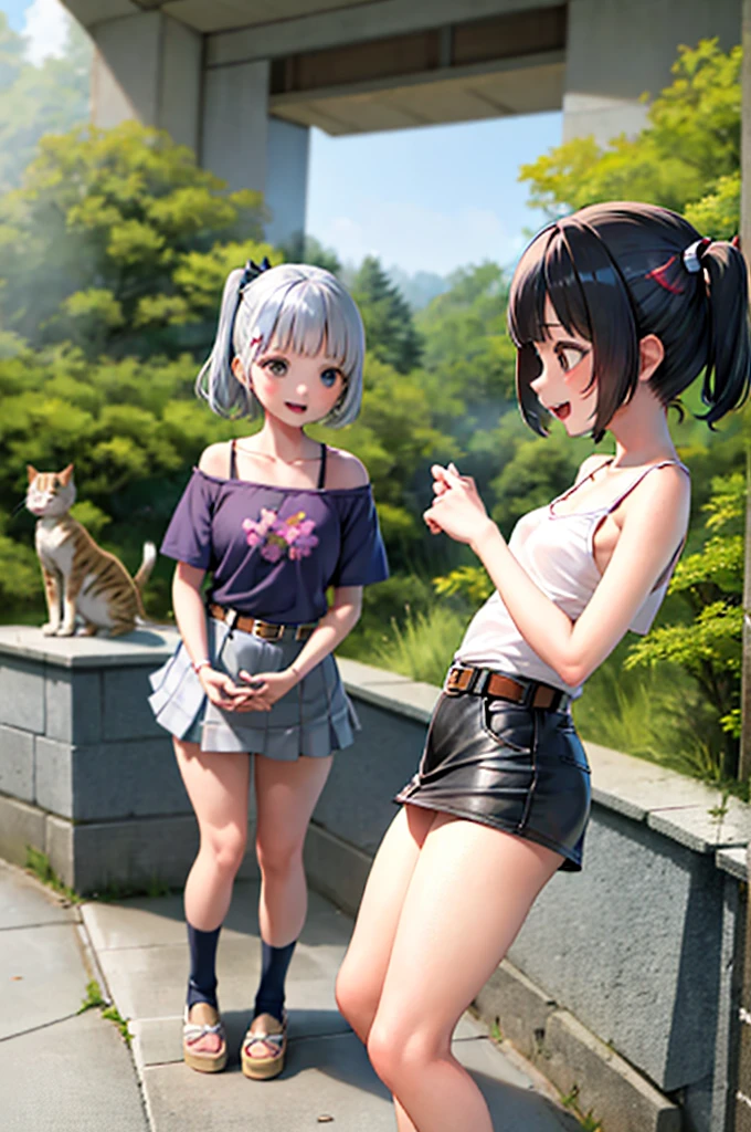 Girlish, Japanese silver grass, short hair, Black Hair，Low length，small ，Side Ponytail, Cat, belt, mini skirt，camisole, They're laughing, Are standing, (forest:1.3), Looking at the audience, From below,