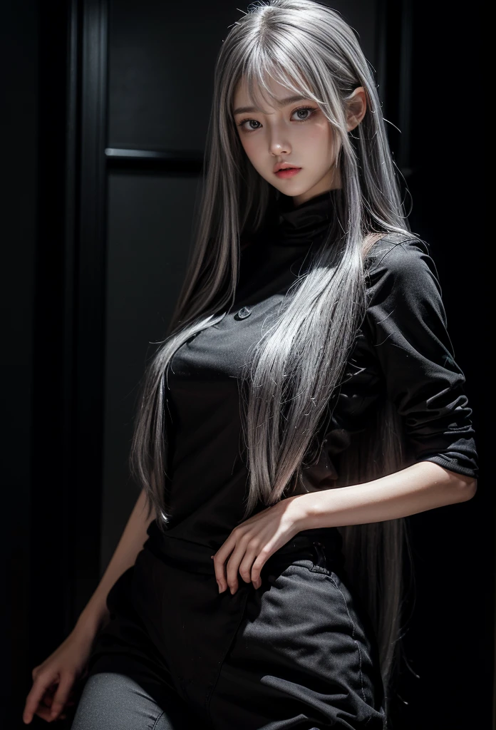 standing,Military Uniforms,pants,black military uniform,whole body,Height: 168cm,almond shape eyes,{{{{{silver eyes}}}}},{{{{{dull bangs}}}}},(slanted eyes},{{whole body},{{{1 girl}}}, long hair, straight hair,{{{{silver hair}}}},{{{tsurime}}},30 years old,{Medium chest},{{bush}},silver eyes,{{{masterpiece}}}, {{{highest quality}}}, {{Super detailed}}, {shape}, {{very delicate and beautiful}},very detailed,detailed perfect,detailed hyper,Abundant thighs,big ass,black clothes