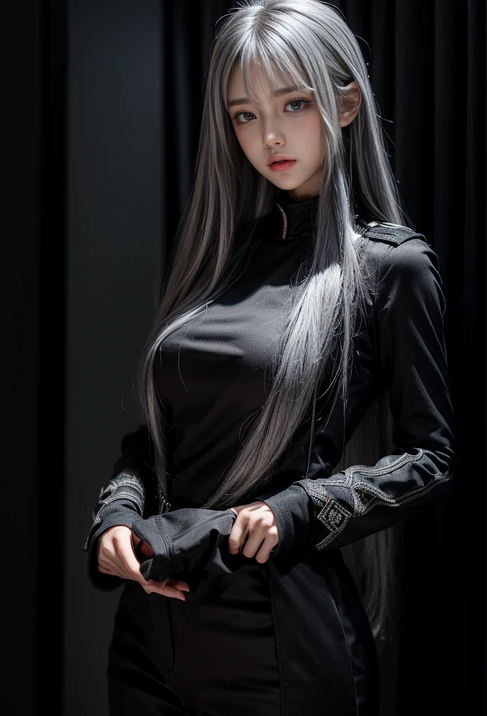 Military Uniforms,pants,black military uniform,whole body,Height: 168cm,almond shape eyes,{{{{{silver eyes}}}}},{{{{{dull bangs}}}}},(slanted eyes},{{whole body},{{{1 girl}}}, long hair, straight hair,{{{{silver hair}}}},{{{tsurime}}},30 years old,{Medium chest},{{bush}},silver eyes,{{{masterpiece}}}, {{{highest quality}}}, {{Super detailed}}, {shape}, {{very delicate and beautiful}},very detailed,detailed perfect,detailed hyper,Abundant thighs,big ass,black clothes