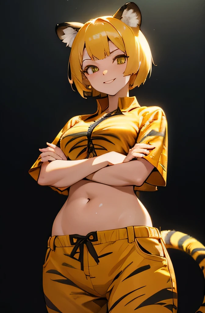 high resolution、High definition、One cute gal with tiger ears and a tiger tail、front、Cross your arms、Elegant figure、Short Hair、Golden Hair、A big smile、Black Aloha Shirt、Belly button、Groin、Low rise