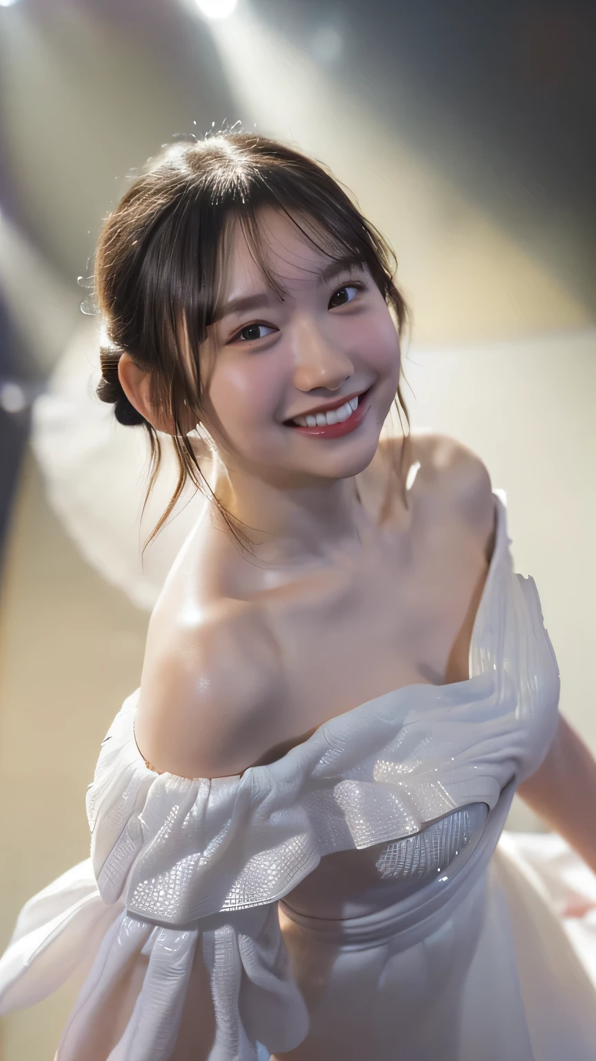 (8k、RAW Photos、Highest quality、masterpiece:1.2)、(Realistic、Realistic)、1 girl、((White off-the-shoulder dress、on stage、In the spotlight、View from above、smile、Looking into the camera 、smile、Upper body photo:1.5))、Leaning forward、cute、Large Breasts、(((Sing with a microphone)))