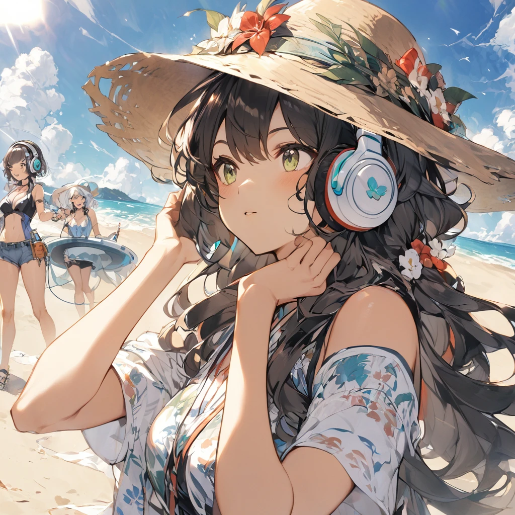 On the beach with headphones、Woman listening to music