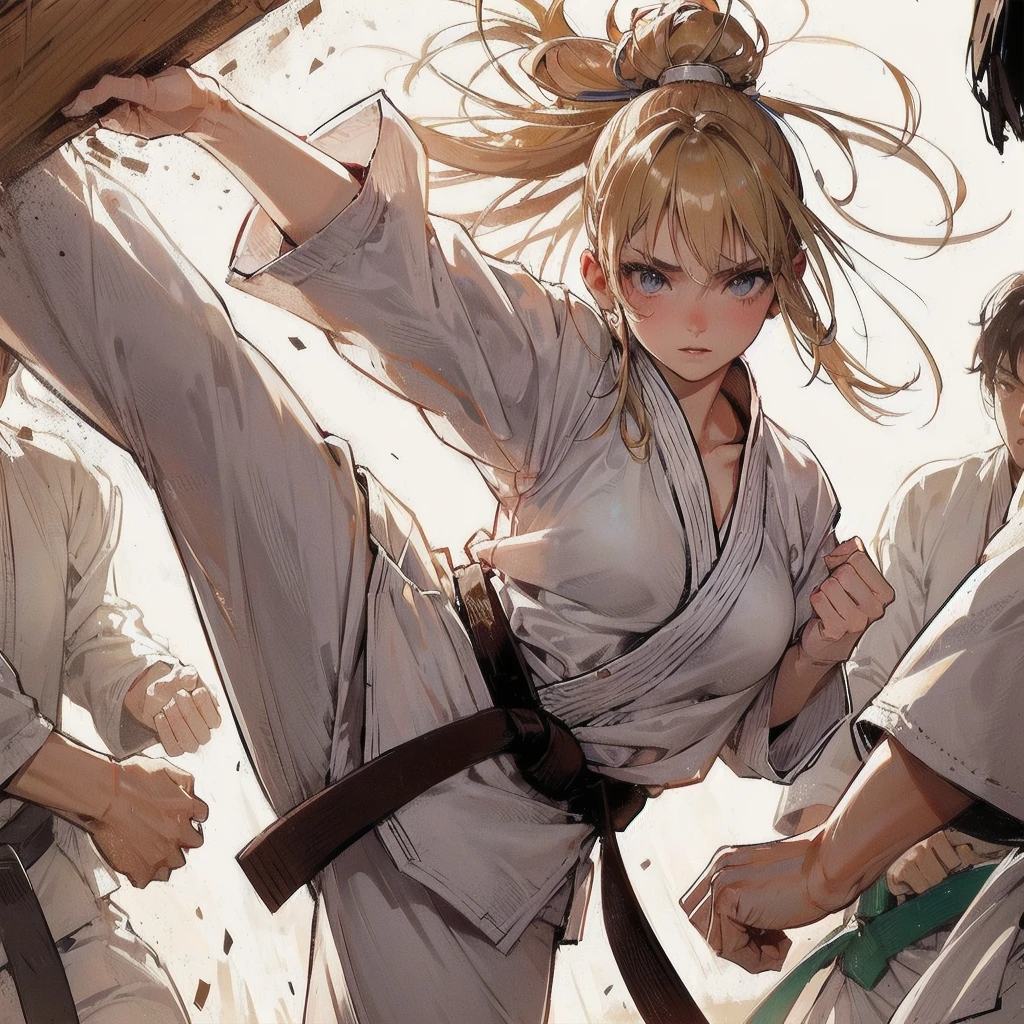 masterpiece, (textured skin), best quality, gorgeous beautiful girl, (a female karate athlete), detailed clothes,large breasts,narrow waist,, (beautiful face), cinematic lighting, (at karate venue ),