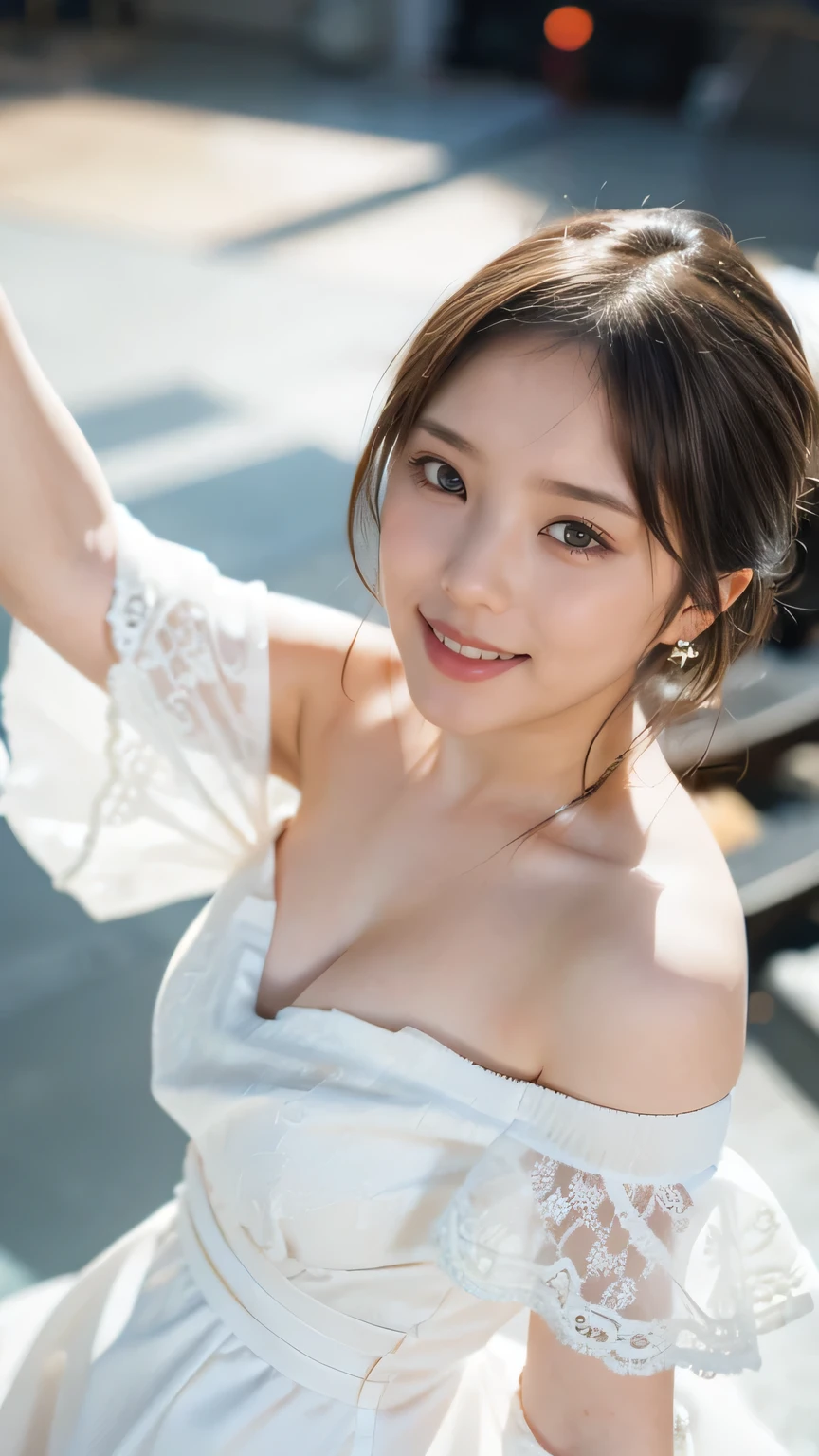 (8k、RAW Photos、Highest quality、masterpiece:1.2)、(Realistic、Realistic)、1 girl、((White off-the-shoulder dress、on stage、In the spotlight、View from above、smile、Looking into the camera 、smile、Upper body photo:1.5))、Leaning forward、cute、Large Breasts、Cleavage、(((Sing with a microphone)))