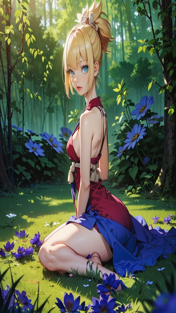 ((1woman, (solo, 1girl, alone), kohaku, blonde hair, blue eyes, tied hair)), smug, ((solo, (1woman, pink lipstick), Extremely detailed, ambient soft lighting, 4k, perfect eyes, a perfect face, perfect lighting, a 1girl)), austere, ((red dress, blue dress, sitting on the ground, sitting on the grass, field of flowers, forest))