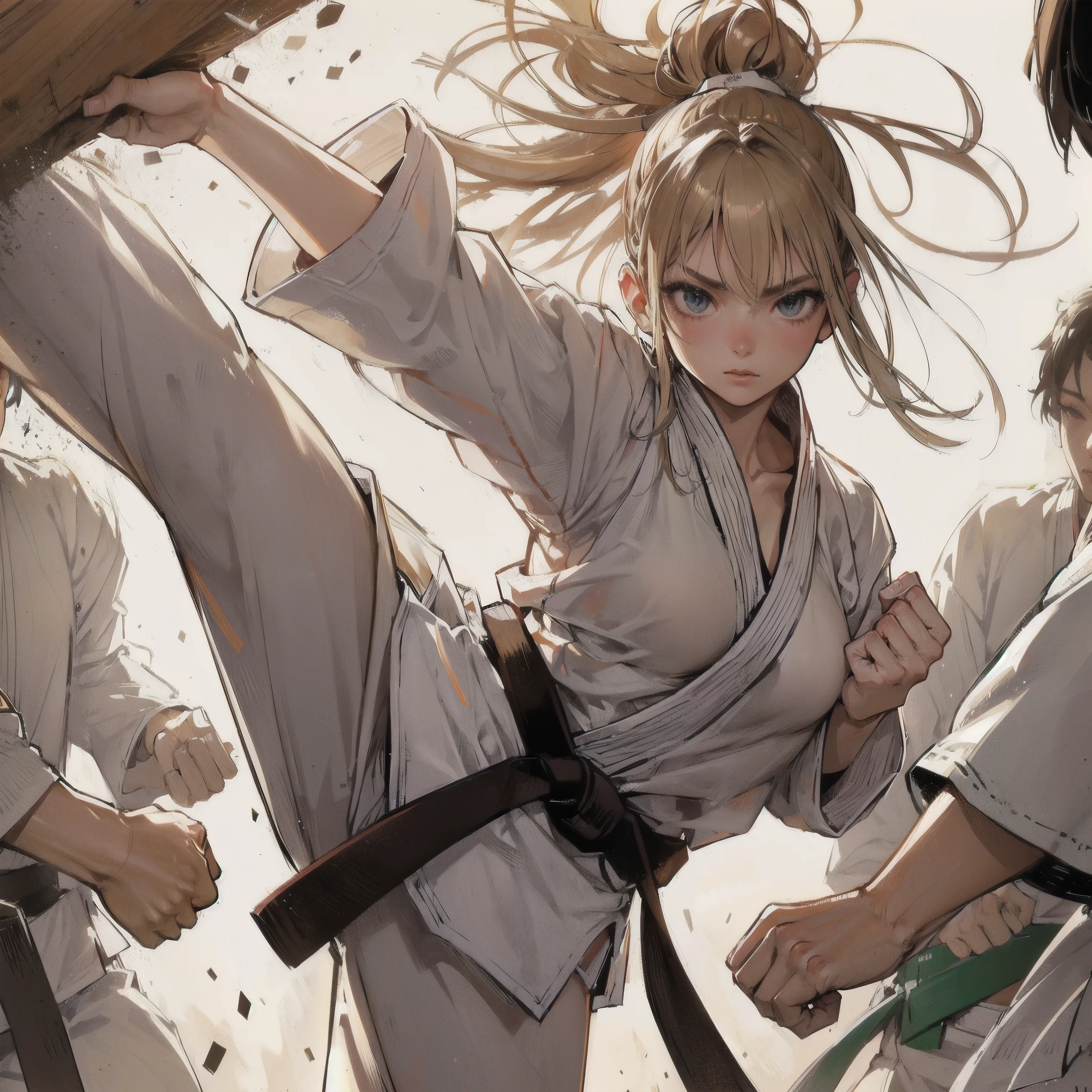masterpiece, (textured skin), best quality, gorgeous beautiful girl, (a female karate athlete), detailed clothes,large breasts,narrow waist,, (beautiful face), cinematic lighting, (at karate venue ),