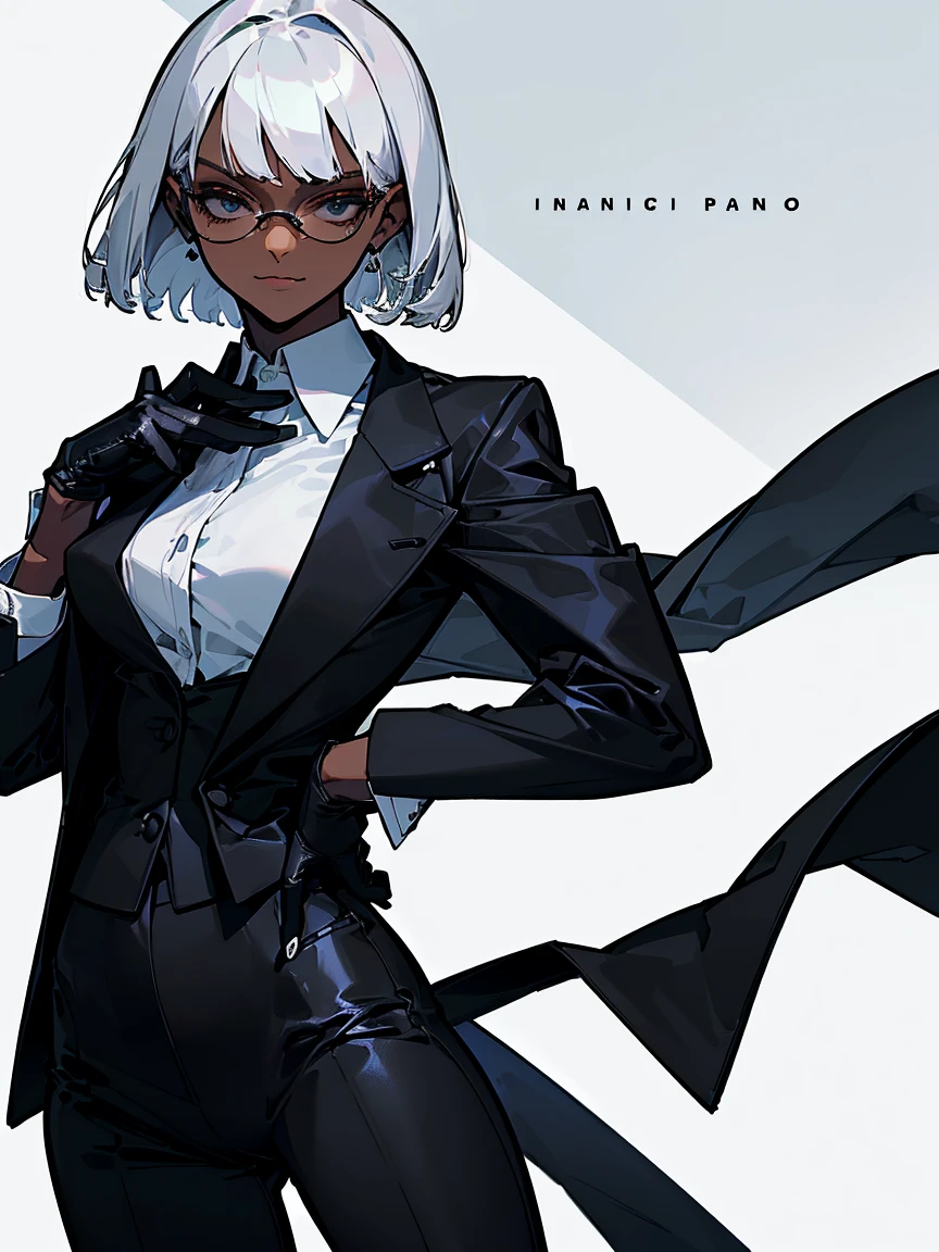 (Highest quality、masterpiece:1.2) 1 Female、adult、((Dark skinned women、long white short hair、Hair over the ears)) ((White office background)) Glasses、((Black business suit、Black tailored jacket、White shirt、Black pantsuit、Black Leather Gloves)) (One hand on her hip) (Malicious look、Vulgar smile)