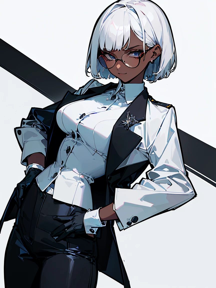 (Highest quality、masterpiece:1.2) 1 Female、adult、((Dark skinned women、long white short hair、Hair over the ears)) ((White office background)) Glasses、((Black business suit、Black tailored jacket、White shirt、Black pantsuit、Black Leather Gloves)) (One hand on her hip) (Malicious look、Vulgar smile)