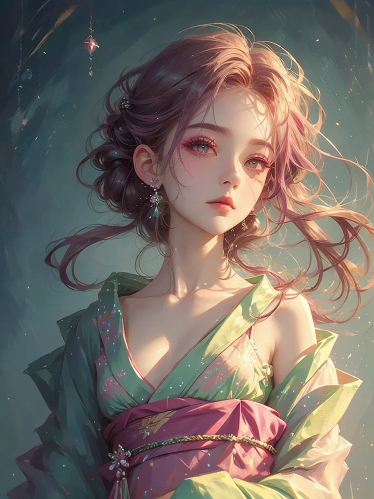 High quality, high resolution, fractal art, pink hair, pink eyes, kimono, updo, Korean glitter eye makeup, very subtle makeup, glittering hair, moon visible