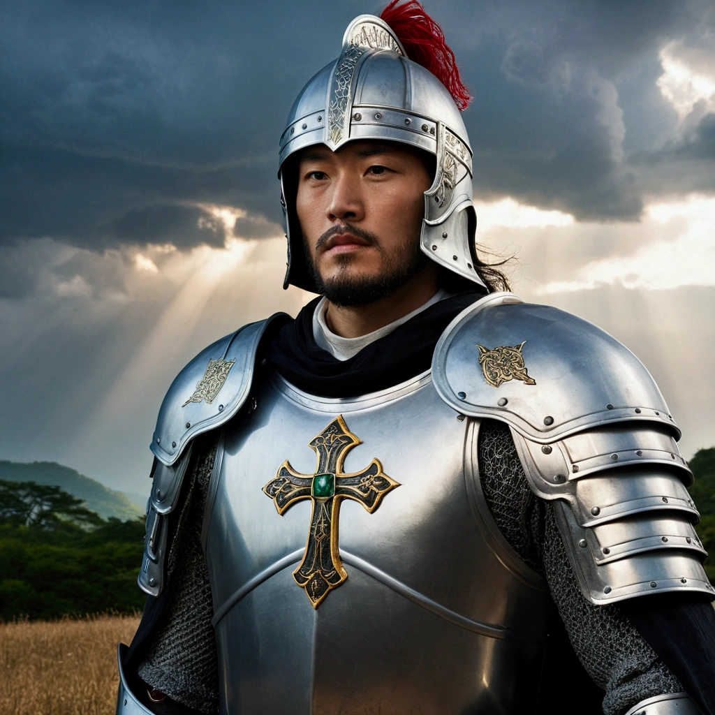 Create a highly detailed and epic scene, stormy sky with flashes of lightning illuminating thick, roiling clouds, casting an eerie, apocalyptic glow in the foreground, twelve knights in full armor. The knights should have the cross of Jesus prominently displayed on their breastplates and shoulders in their hands swords and bibles. Additionally, each knight should have gemstones representing the breastplate of Aaron embedded in their shoulder armor. In the background a flag with the Shincheonji logo and the phrase "Knights of the Fulfilled Covenant." Add a mystical, divine aura to the scene with soft, glowing light around the knights, symbolizing their holy mission. Ensure the castle and surrounding elements maintain a majestic and grand appearance.