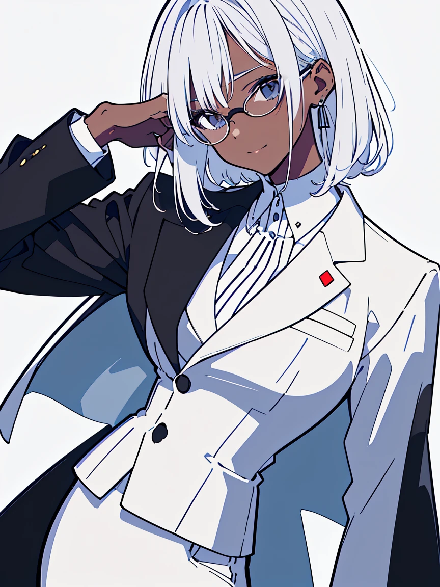 (Highest quality、masterpiece:1.2) 1 Female、adult、((Dark skinned women、long white short hair、Hair over the ears)) ((White office background)) Glasses、((Black business suit、Black tailored jacket、White shirt、Black pantsuit、Black Leather Gloves)) (One hand on her hip) (Malicious look、Vulgar smile)
