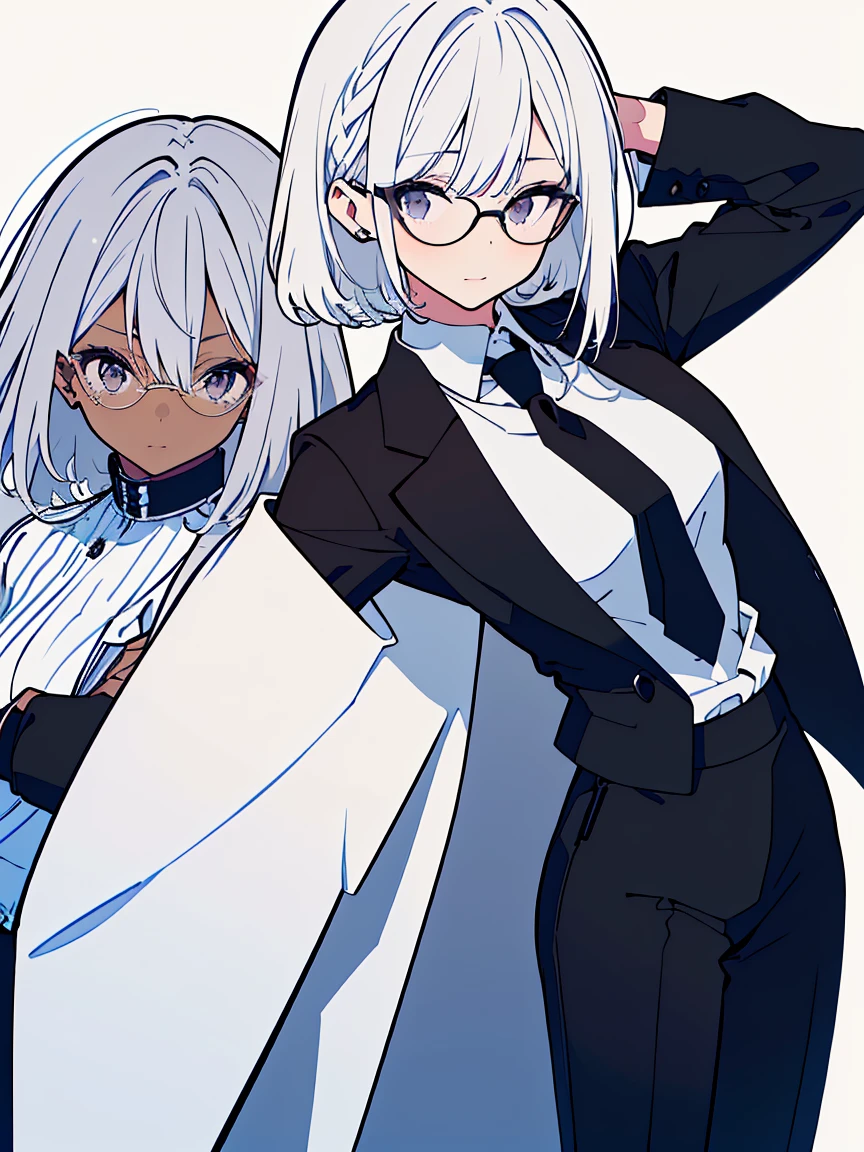 (Highest quality、masterpiece:1.2) 1 Female、adult、((Dark skinned women、long white short hair、Hair over the ears)) ((White office background)) Glasses、((Black business suit、Black tailored jacket、White shirt、Black pantsuit、Black Leather Gloves)) (One hand on her hip) (Malicious look、Vulgar smile)
