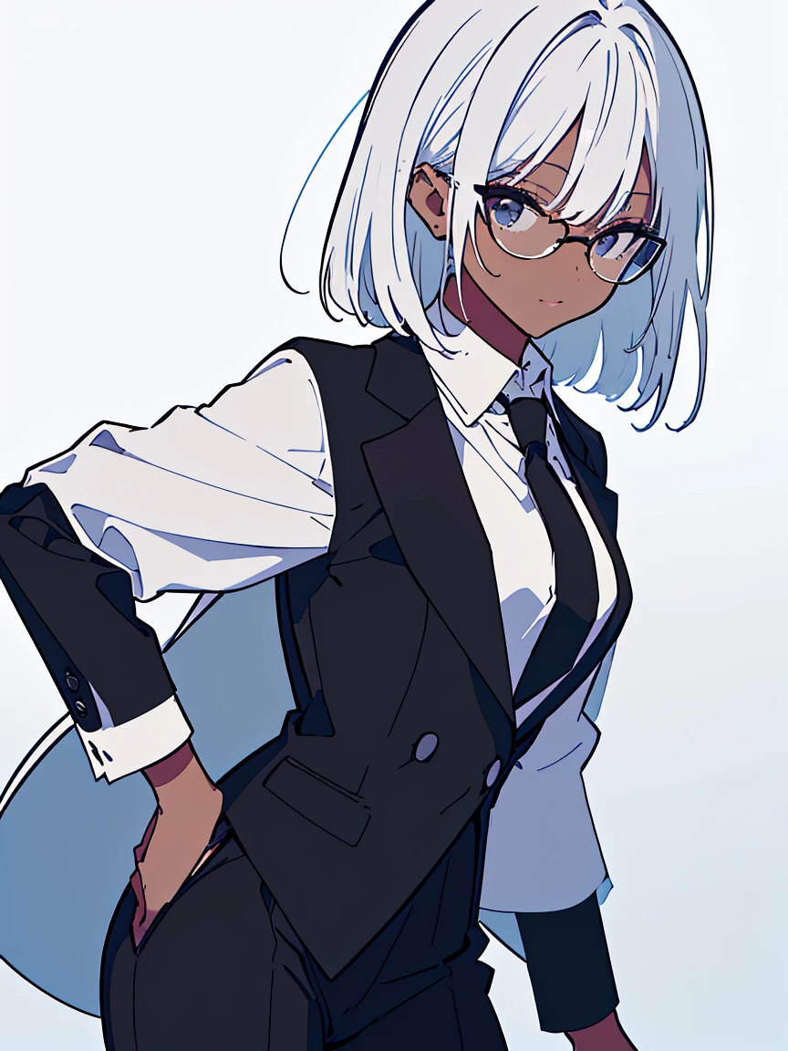 (Highest quality、masterpiece:1.2) 1 Female、adult、((Dark skinned women、long white short hair、Hair over the ears)) ((White office background)) Glasses、((Black business suit、Black tailored jacket、White shirt、Black pantsuit、Black Leather Gloves)) (One hand on her hip) (Malicious look、Vulgar smile)