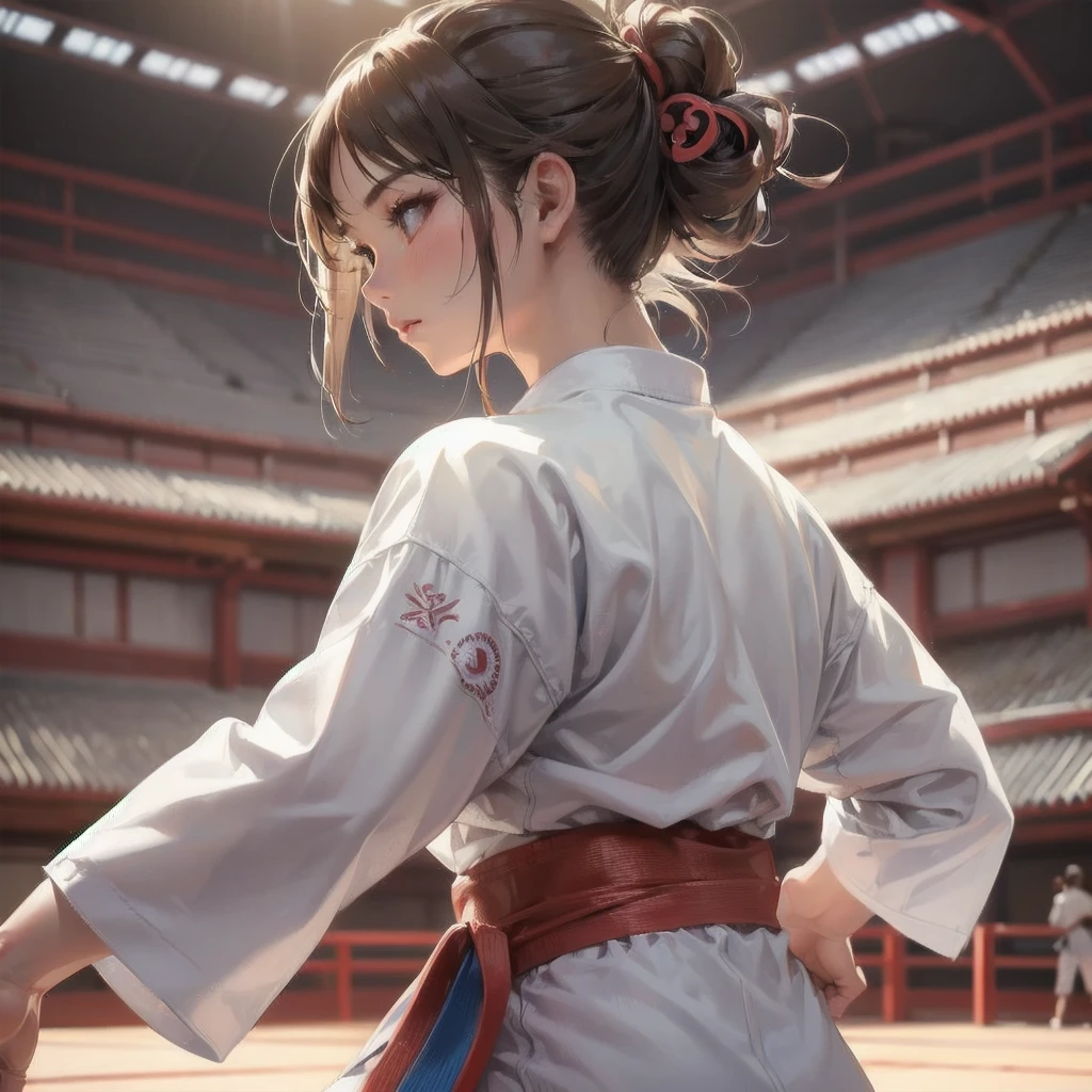 masterpiece, (textured skin), best quality, gorgeous beautiful girl, (a female karate athlete), detailed clothes,large breasts,narrow waist,, (beautiful face), cinematic lighting, (at karate venue ),