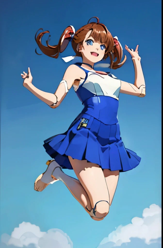 android, beautiful robot, short pigtails, brown hair, Hair tie with two big red clothespins, big smile, brown hair, middle age, joint seam, blue eyes, full body figure, Height: 160cm, Light beige micro mini dress, fluttering skirt, skirt folds, white retro swimwear, Uplifting, 2020s anime style, 21thcentury japan animation, show White pantie