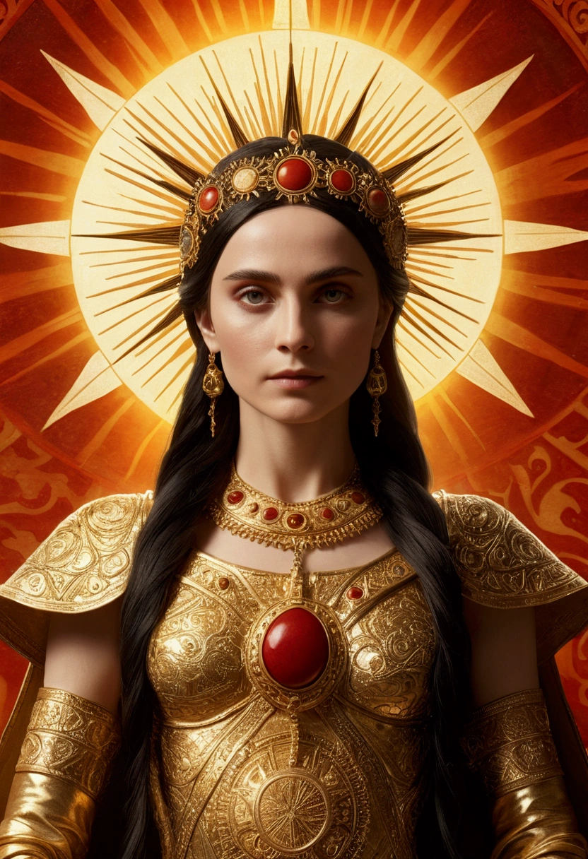 Represents only the goddess Leto, The sun behind her. In a symbolist style.