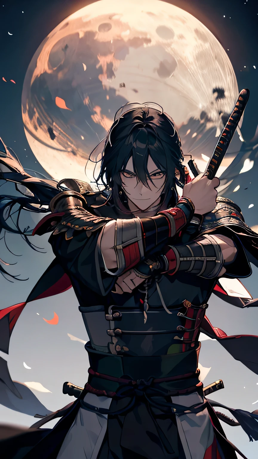 Arafed image of a man holding a sword in the air, Warrior Warrior, Warrior, Works inspired by Kano Hogai, epic Warrior warrrior, Warrior style, inspired by Kanō Sanraku, japanese Warrior, Japanese warrior, Ronin, miyamoto musashi, Rurouni Kenshin, Swordsman，2 Knife Flow，night，moon，Wearing armor