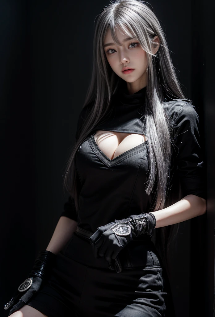 Military Uniforms,pants,black military uniform,whole body,Height: 168cm,almond shape eyes,{{{{{silver eyes}}}}},{{{{{dull bangs}}}}},(slanted eyes},{{whole body},{{{1 girl}}}, long hair, straight hair,{{{{silver hair}}}},{{{tsurime}}},30 years old,{Medium chest},{{bush}},silver eyes,{{{masterpiece}}}, {{{highest quality}}}, {{Super detailed}}, {shape}, {{very delicate and beautiful}},very detailed,detailed perfect,detailed hyper,Abundant thighs,big ass,black clothes