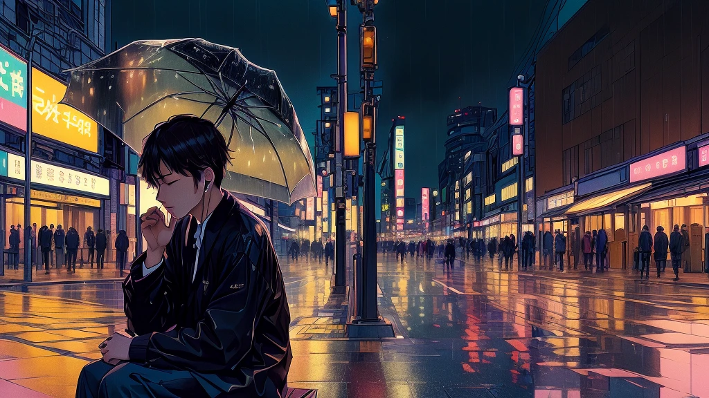 In front of a Tokyo station on a rainy night。People passing by with umbrellas々、Train lights reflected on wet asphalt。Station signs and advertisements shine、It creates a moist atmosphere.。I put on my headphones and sat on a bench.、A young man is seen relaxing while listening to music.。