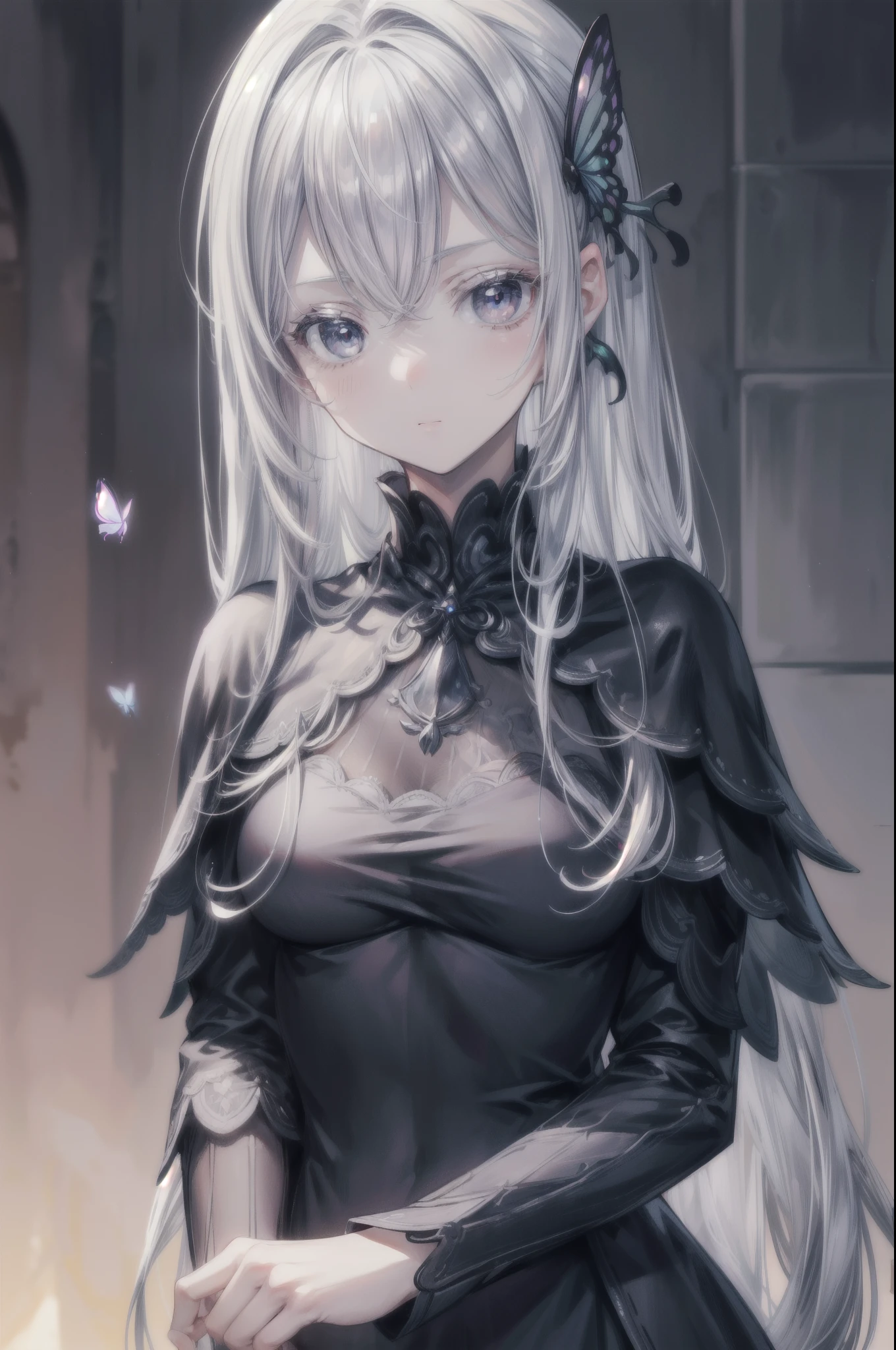 masterpiece, best quality, extremely detailed CG unity 8k wallpaper, echidna, White eyelashes, Gray Hair, Hair between the eyes, Long Hair, Straight hair, (Iris:1.3),
break black Capelet, black dress, butterfly hair ornaments, Capelet, dress, hair ornaments,
break looking at viewer, Face Focus,
break (masterpiece:1.2), Highest quality, High resolution, unity 8k wallpaper, (figure:0.8), (Beautiful attention to detail:1.6), Highly detailed face, Perfect lighting, Highly detailed CG, (Perfect hands, Perfect Anatomy), bokeh , (soft focus):1.2, out-of-focus highlights, dreamy ambiance, glowing Butterfly, mesmerizing depth, The background is a realistic grassland, 