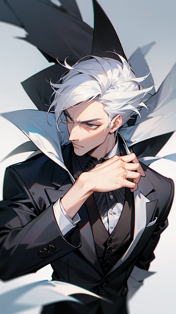 A man handsome tall wearing suits black white hairs sharp jaw
