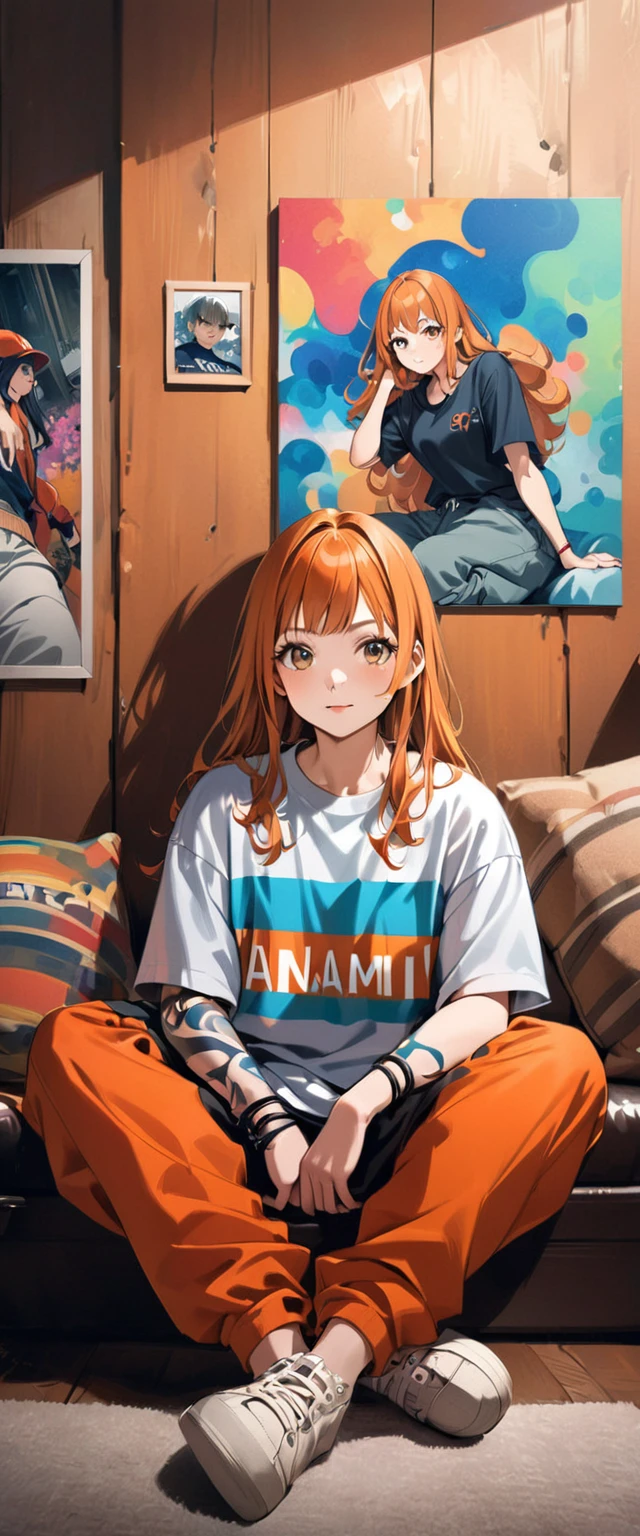 Make a photo of an anime character in the manga series (ONE PIECE) named ("NANAMI) with long orange hair and wearing a closed hip-hop shirt, long baggy hip-hop pants. Sitting, with a colorful abstract painting in the background. make the photo look anime realistic.