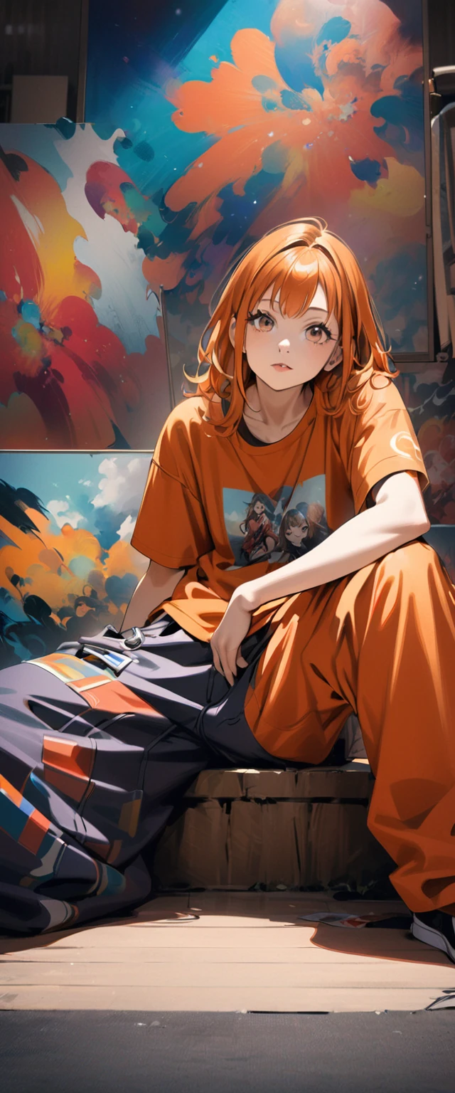 Make a photo of an anime character in the manga series (ONE PIECE) named ("NANAMI) with long orange hair and wearing a closed hip-hop shirt, long baggy hip-hop pants. Sitting, with a colorful abstract painting in the background. make the photo look anime realistic.