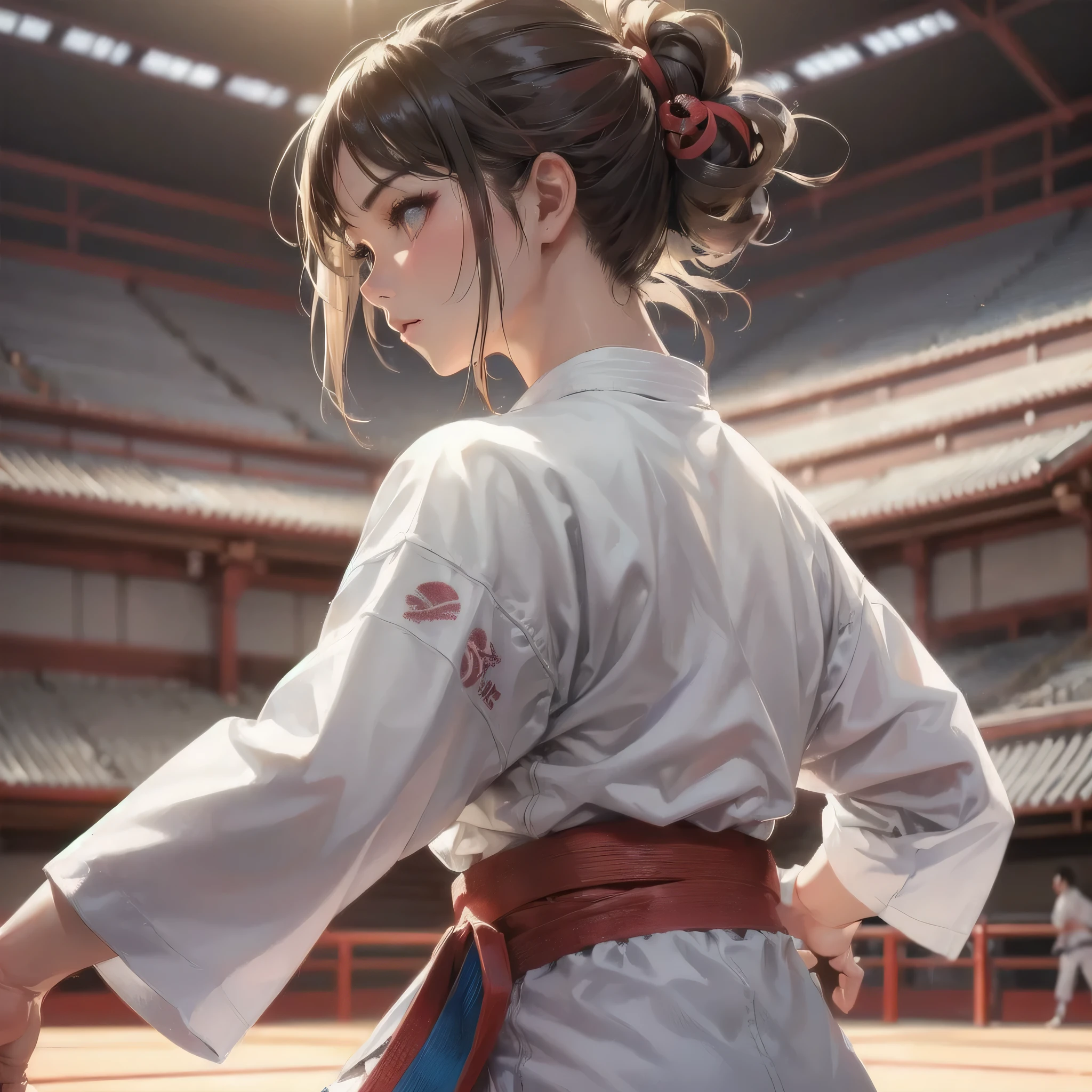  masterpiece, (textured skin), best quality, gorgeous beautiful girl, (a female karate athlete), detailed clothes,large breasts,narrow waist,, (beautiful face), cinematic lighting, (at karate venue ),