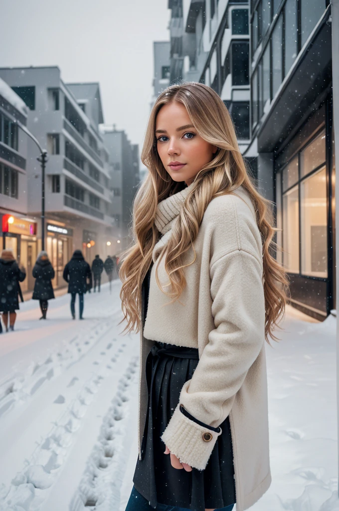 professional portrait photograph of a gorgeous Norwegian girl in winter clothing with long wavy blonde hair, sultry flirty look, gorgeous symmetrical face, cute natural makeup, wearing elegant warm winter fashion clothing, ((standing outside in snowy city street)), stunning modern urban environment, ultra realistic, concept art, elegant, highly detailed, intricate, sharp focus, depth of field, f/1. 8, 85mm, medium shot, mid shot, (((professionally color graded))), bright soft diffused light, (volumetric fog), trending on instagram, hdr 4k, 8k
