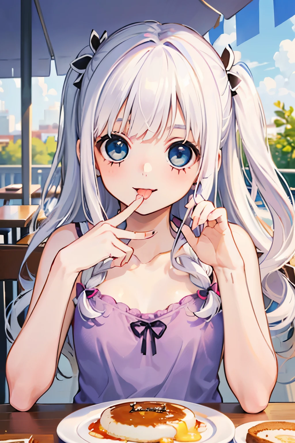 (beautiful cute girl:1.3),(Small breasts 1.0),((White hair:1.2)),(long straight hair:1.1),(sapphireblue eyes:1.2),(PRİNCESS:1.1),((white camisole:1.2)),open your mouth,smile,(cafe terrace:1.25),(eating breakfast:1.2),close-up Face,((Licking my tongue:1.1)).