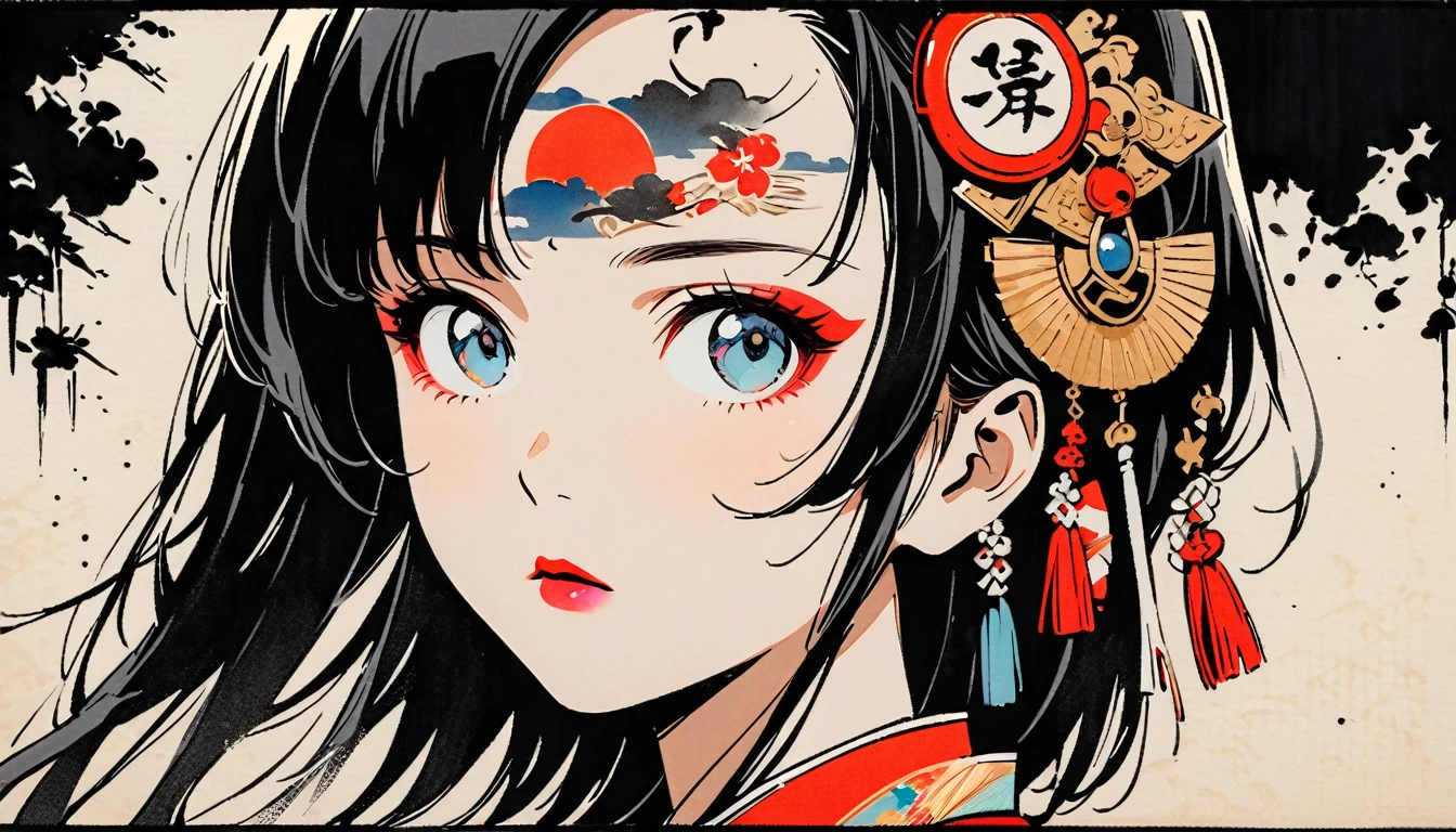 (((Ink Painting))), portrait color photos, (((1 girl))), (((Tattoo in the center of the forehead))), (((Very flashy hair accessories))), (((Very flashy makeup))), Japanese style headphones, face close-up, Japan人の美少女, Black Hair, Delicate and precise, Modern ukiyo-e style,Japan, Japanese flag