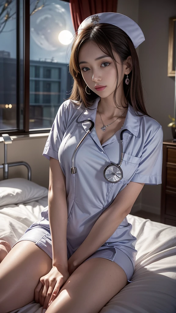 (32K:1.9, Highest quality, masterpiece, Ultra-high resolution), Professional camera work:1.3, Very detailedな肌と顔の質感:1.3, Always accurate, Very detailed, ((23 years old, New Nurse, A dark hospital room:1.4, The moonlight at night illuminates the room:1.2)), (Big breasts on the verge of collapse, Tight nurse uniform:1.3, Incredibly slim body), Fair skin, elegant, sense of cleanliness, Charm, Heartful, Fancy, Sensual pose, (Big eyes that exude beautiful eroticism:0.4, A shy smile:1.0, I love you with all my heart:0.8, Please open your mouth a little, lipstick, Feel the beautiful eroticism:0.9), (Dark brown medium hair), Stethoscope, Earrings, necklace, bracelet, (romantic, mysterious), Object of admiration, original, dramatic, artistic, Innovative, sense of openness, special, exciting, Extreme, Tilt, sense of loss, sorrow, sorrowの表現, ((The charm of youth, Feminine charm))