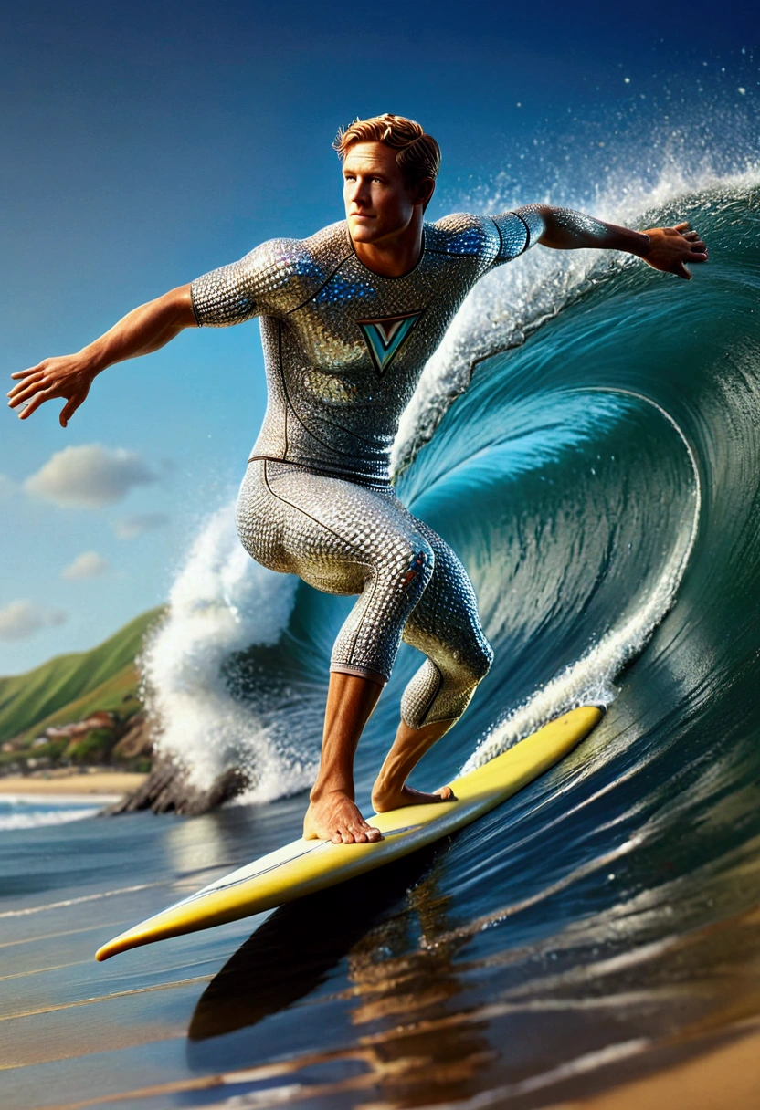 diamondMW, surfer, best quality, (masterpiece:1.2), high quality, Highres, (hyper detailed), photorealistic, (tube, barrel), leg focus, blurry background