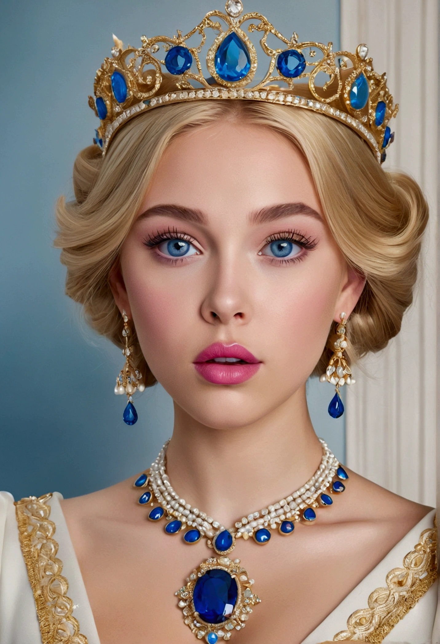 1 girl, blonde hair, Blue eyes, arched eyebrows, pink lips, golden tiara with many precious stones, blue drop earrings, white long sleeve dress, Blue oval pendant with gold border, White gloves, A surprised expression,
