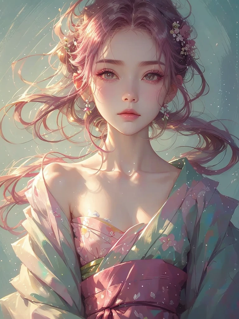 High quality, high resolution, fractal art, pink hair, pink eyes, kimono, pink hair, pink kimono, pink eyes, pink flower decoration on the head, hair tied up, Korean glitter eye makeup, very delicate makeup, shiny hair, the moon is visible, sparkling
