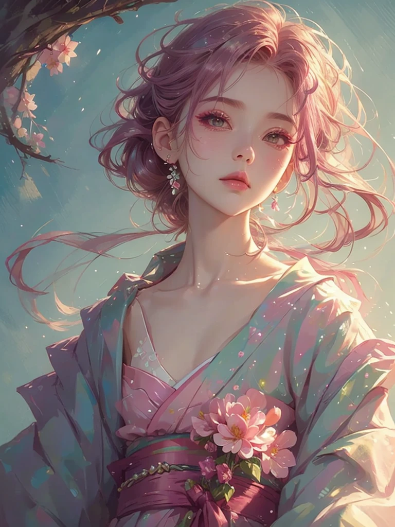 High quality, high resolution, fractal art, pink hair, pink eyes, kimono, pink hair, pink Japanese pattern kimono, worn tightly up to the neck, pink eyes, pink flower decoration on the head, hair tied up, Korean glitter eye makeup, very delicate makeup, shiny hair, the moon is visible, sparkling