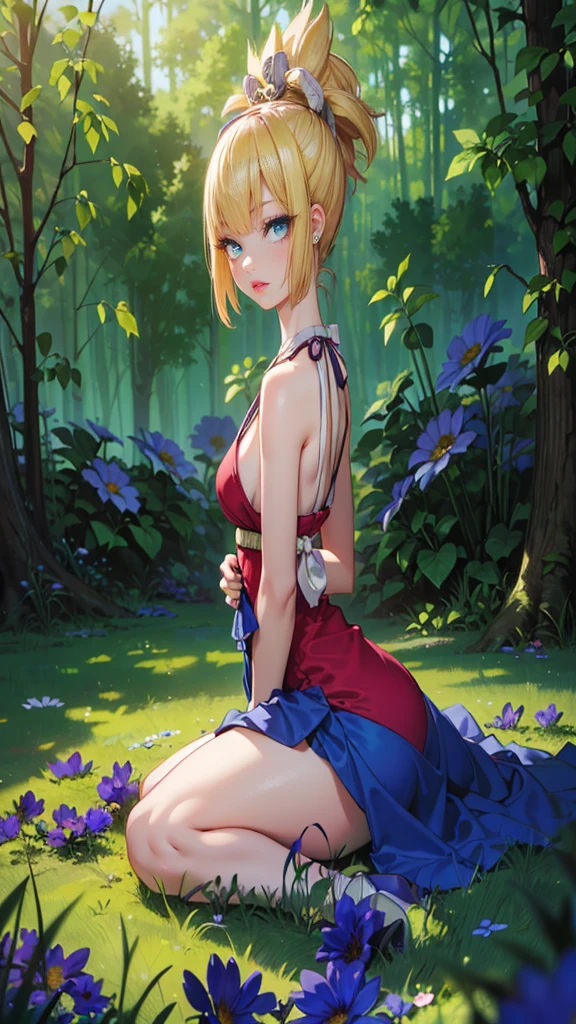 ((1woman, (solo, 1girl, alone), kohaku, blonde hair, blue eyes, tied hair)), smug, ((solo, (1woman, pink lipstick), Extremely detailed, ambient soft lighting, 4k, perfect eyes, a perfect face, perfect lighting, a 1girl)), austere, ((red dress, blue dress, sitting on the ground, sitting on the grass, field of flowers, forest))