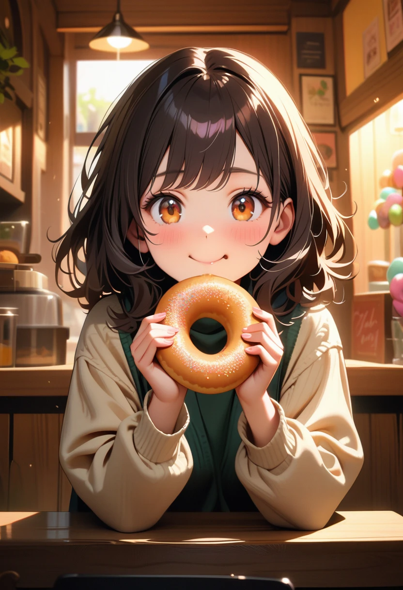 masterpiece, Highest quality, Very detailed, High resolution, High resolution, Realistic, depth, Fine texture, Super Fine, Total concentration, (Cute eating a donut), Big round eyes, Soft blush, Adorable expression, smile, (Holding colorful donuts), Sprinkles, icing, Sweet and delicious, Cozy cafe background, Warm lighting, Fluffy hair, Detailed donuts, Beautiful attention to detail, Beautiful lip detail, Very detailed顔, Cinematic Light, Vibrant colors, Very detailed, Intricate details, Lens flare, particle, Cozy and warm atmosphere