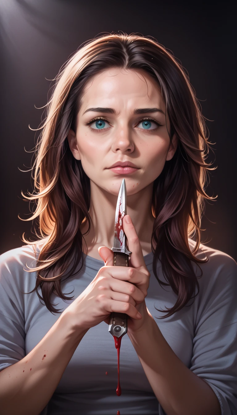 a woman in a dark room, holding a knife to her own throat, blood dripping down, her face filled with anguish and despair, dark and gritty atmosphere, cinematic lighting, highly detailed, unnerving, (best quality,4k,8k,highres,masterpiece:1.2),ultra-detailed,(realistic,photorealistic,photo-realistic:1.37),dramatic chiaroscuro lighting,intense colors,moody and somber