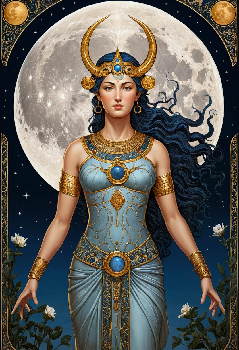 Depicts only the goddess Artemis, the full moon behind her. In a symbolist style.
