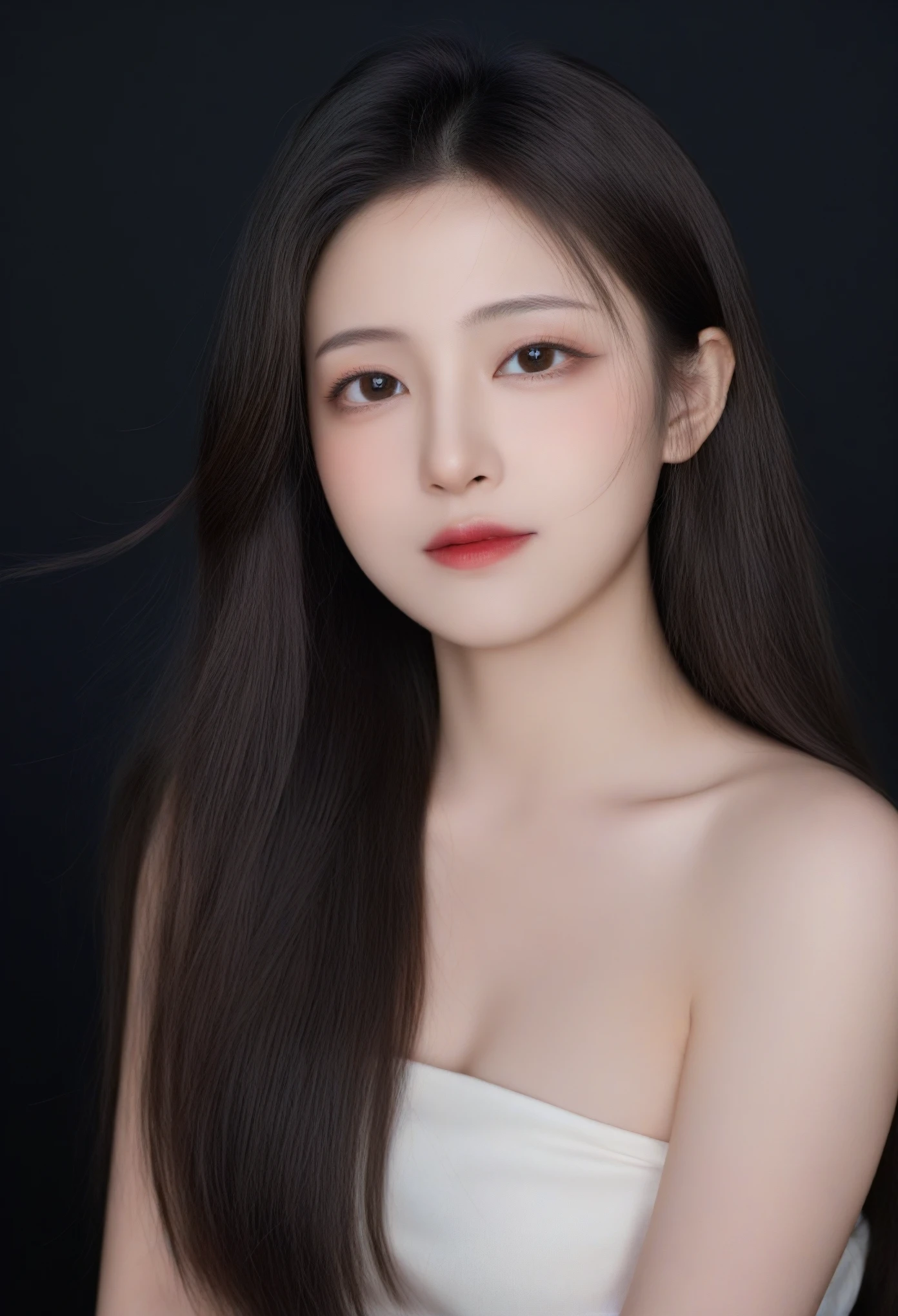 beautiful Japanese woman with long hair , black background