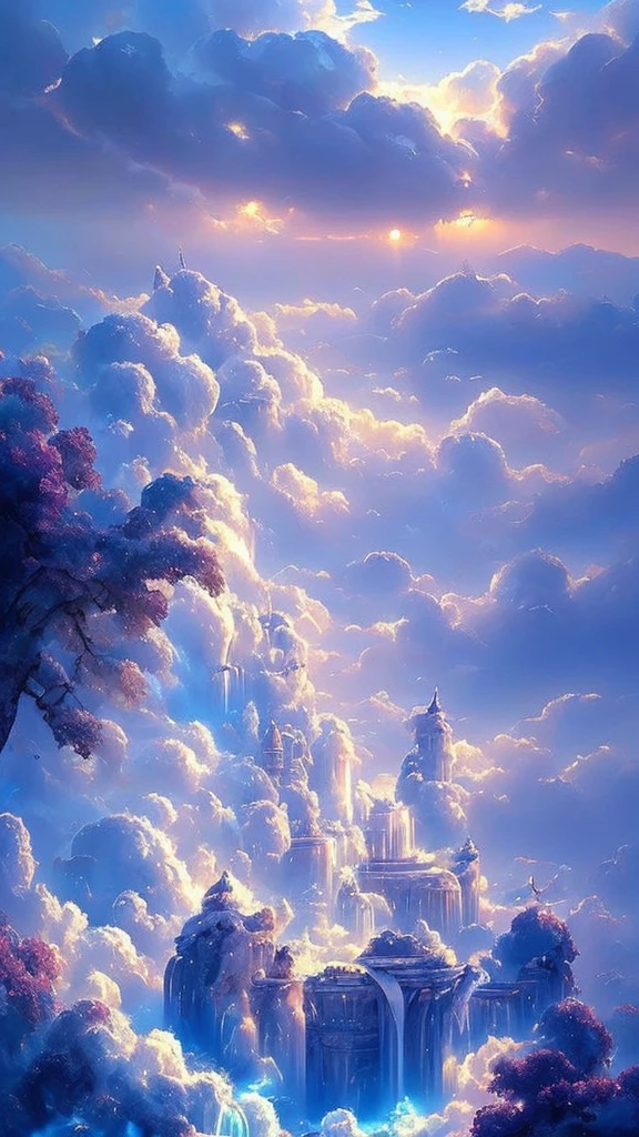Laputa: Castle in the Sky, Surrounded by clouds and a halo of light, very beautiful, Majestic, Dazzling sight,Cloud World, Majestic gates and pillars, Sun, Moon and Stars, masterpiece, Highest quality, Very detailed, Very delicate and beautiful, Depth of written boundary, Film Grain, Professional Lighting, Photon Mapping, Radio City, Physically Based Rendering,Waterfall Splash