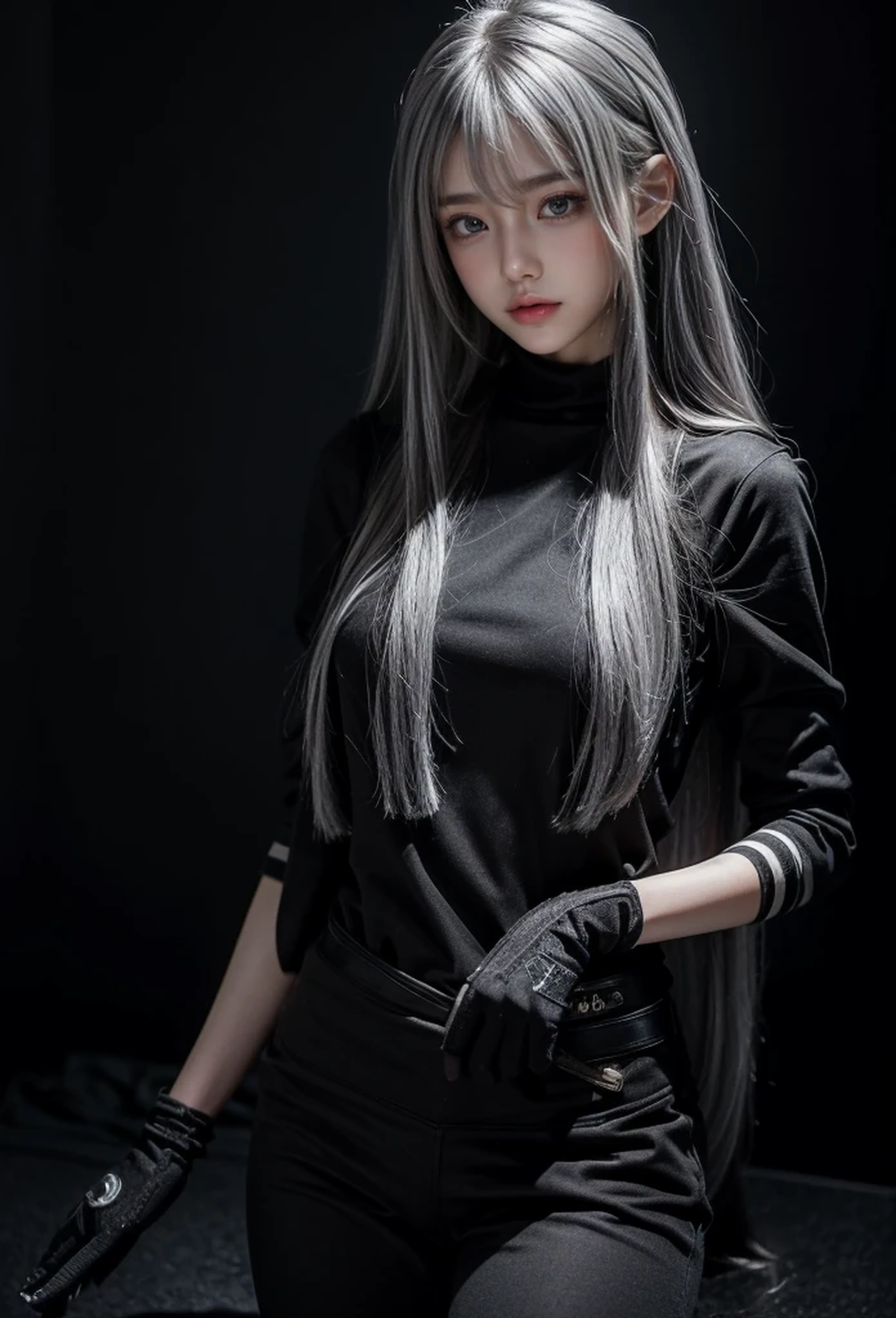 Military Uniforms,pants,black military uniform,whole body,Height: 168cm,almond shape eyes,{{{{{silver eyes}}}}},{{{{{dull bangs}}}}},(slanted eyes},{{whole body},{{{1 girl}}}, long hair, straight hair,{{{{silver hair}}}},{{{tsurime}}},30 years old,{Medium chest},{{bush}},silver eyes,{{{masterpiece}}}, {{{highest quality}}}, {{Super detailed}}, {shape}, {{very delicate and beautiful}},very detailed,detailed perfect,detailed hyper,Abundant thighs,big ass,black clothes