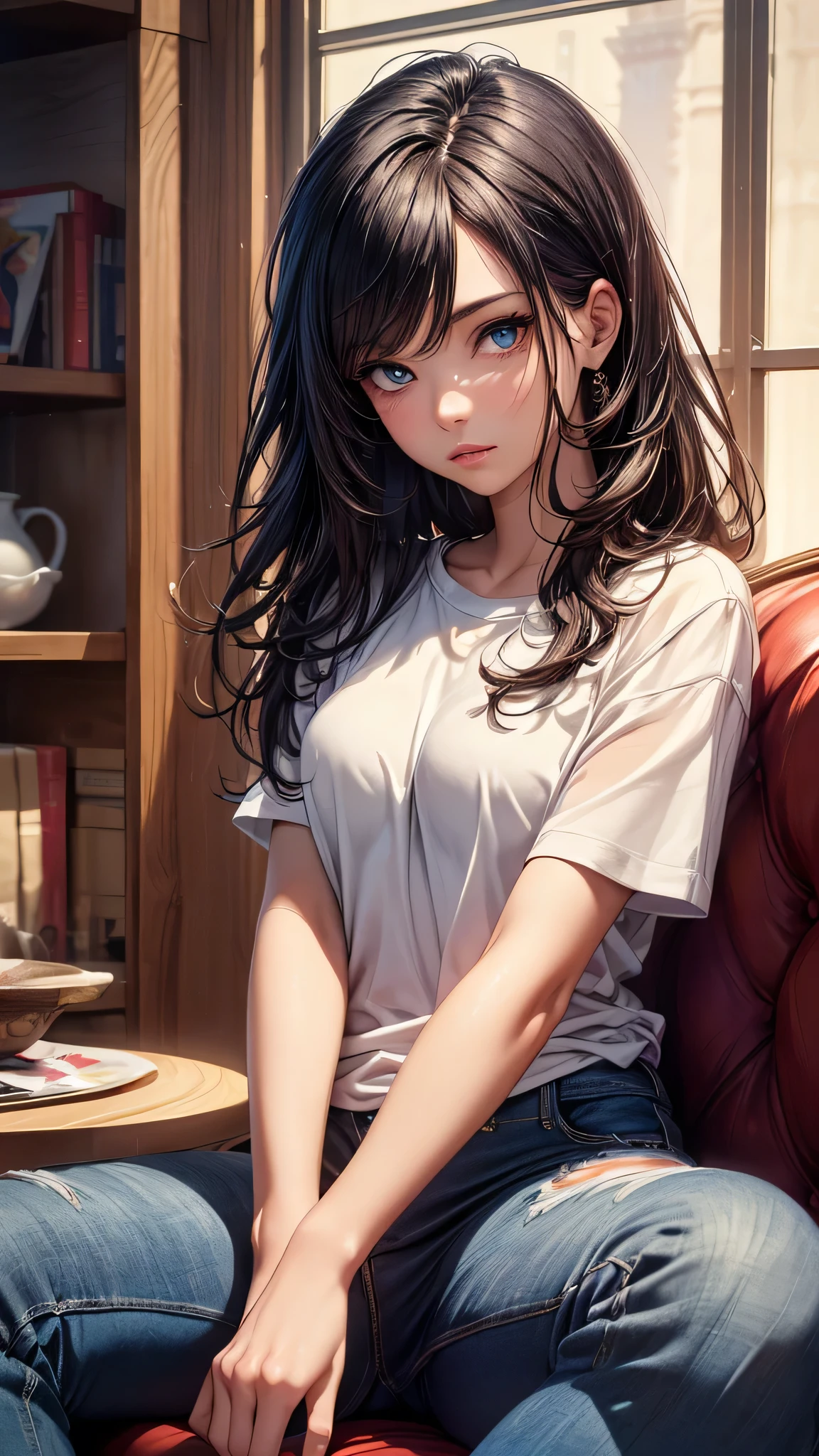 (((masterpiece))),(((Highest quality))),((Very detailed)),One girl,One person,Highest quality, masterpiece, 8k, photograph, Very detailed,,Realistic,beautiful girl, (Very delicate and beautiful face), (Beautiful eyes in every detail),Sitting, View your viewers,jeans,White T-shirt,,Black Hair, sofa,