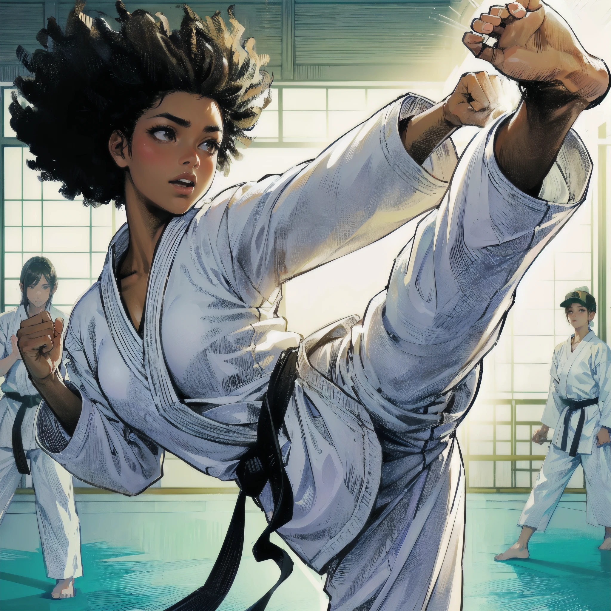 masterpiece, (textured skin), best quality, gorgeous beautiful girl, (a female karate athlete), detailed clothes,large breasts,narrow waist,, (beautiful face), cinematic lighting, (at karate venue ),
