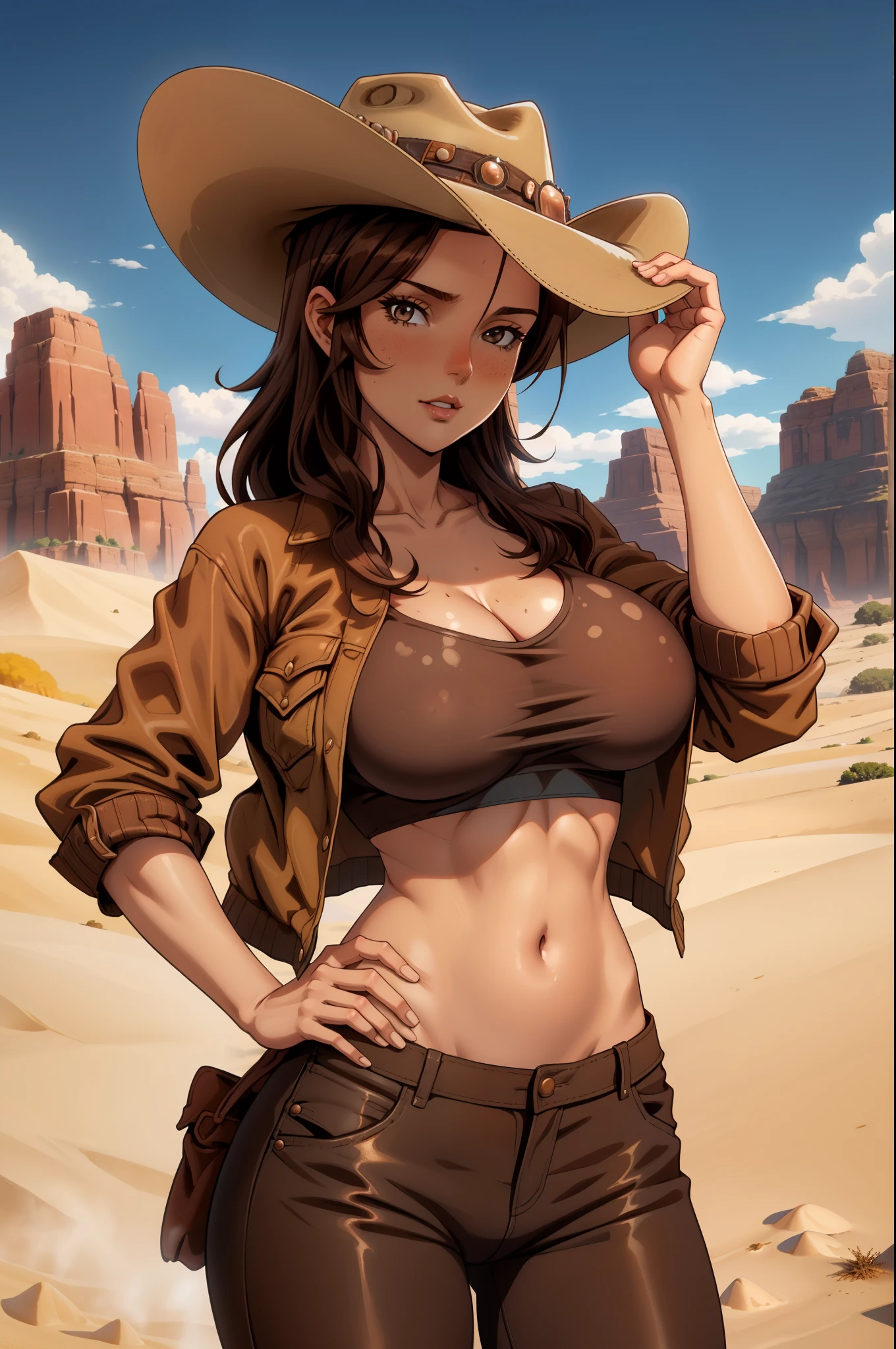 Cowgirl, brown t-shirt, midriff, midriff jacket, cowboy hat, sexy 30 year old woman, (outdoor, mountain, sand, dust), naked from down, naked pussy, ((big breasts)), ((brown hair))