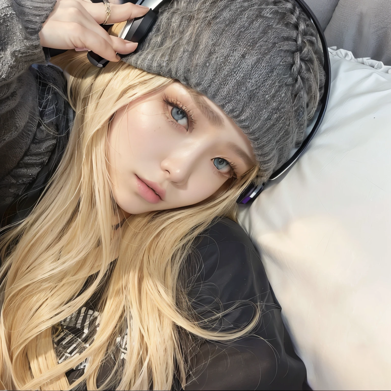 Blonde woman with headphones lying on sofa with cell phone, Eva Max, Roseanne Park of blackpink, cl, Sakimi-chan, Lalisa Manoban, has long blonde hair, has long white hair, Belle Delphine, Lalisa Manoban แห่ง Blackpink, Ulzzang, Long blonde hair and big eyes., has long white hair